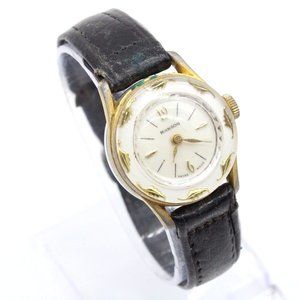 Vintage MANSON Watch Women's Luxury Swiss Made Gold Tone White Dial Leather Band